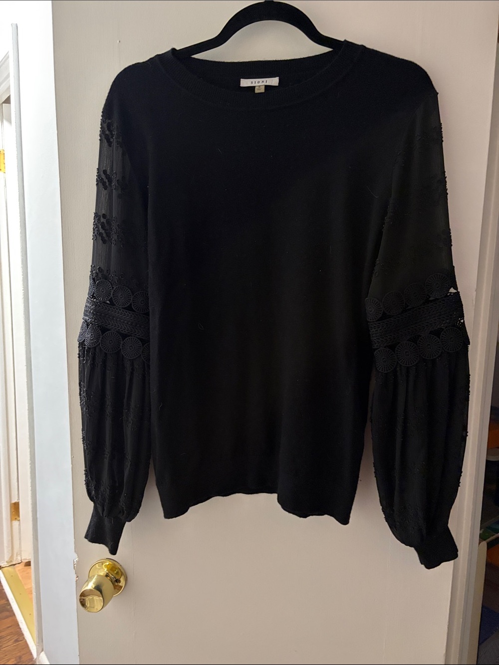 Sioni  Black Crochet Lace Sleeve Crewneck Sweater